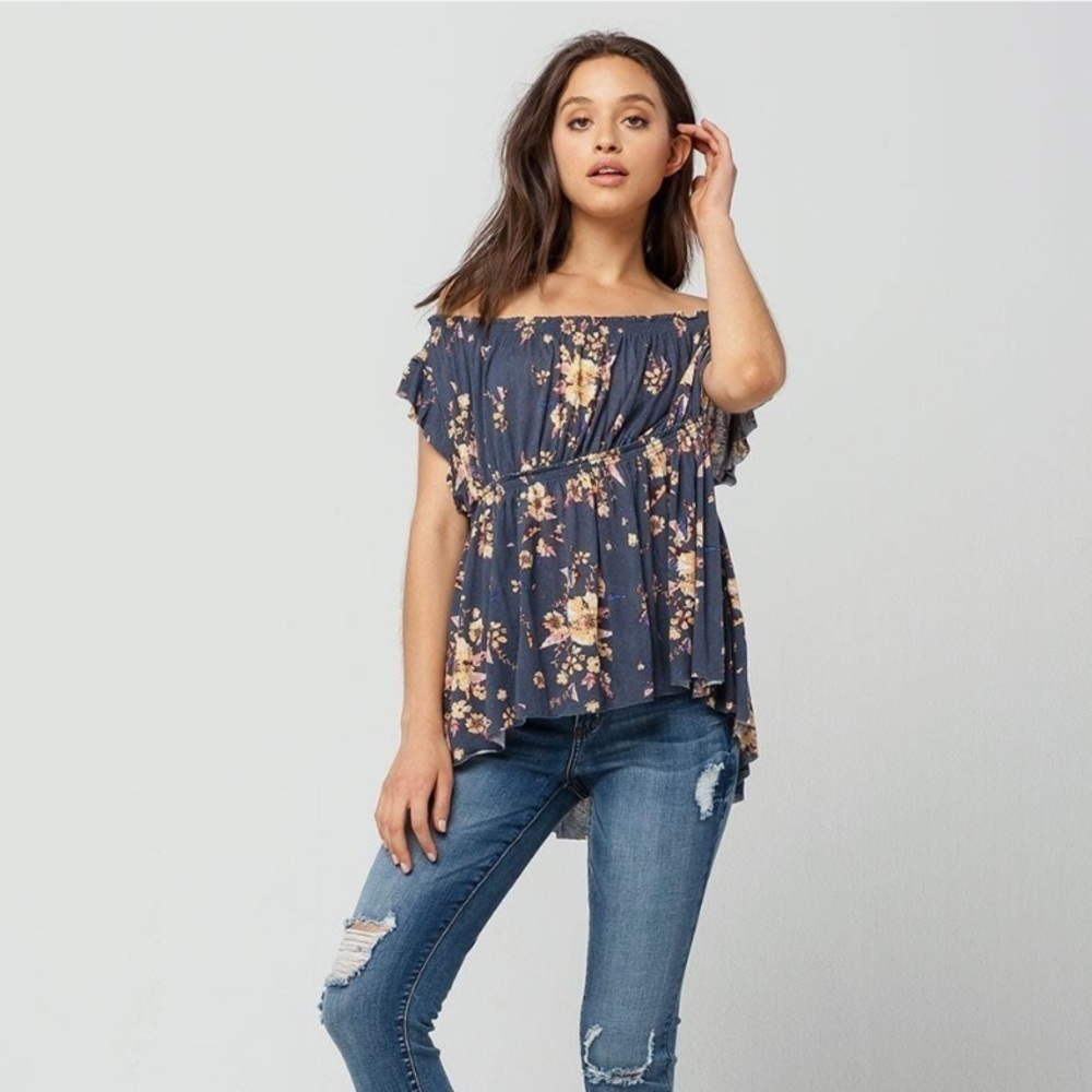 Free People Navy Floral Cap Sleeve Baby Doll Top Size Small NWT